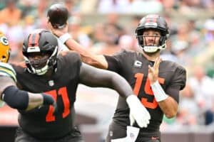 CLEVELAND, OHIO - SEPTEMBER 21: Joe Flacco #15 of the Cleveland Browns throws a pass during the third quarter against the Green Bay Packers at Huntington Bank Field on September 21, 2025 in Cleveland, Ohio.