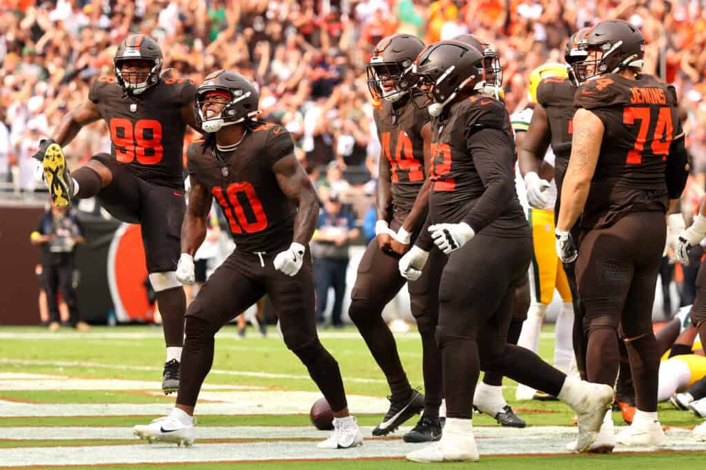 CLEVELAND, OHIO - SEPTEMBER 21: Quinshon Judkins #10 of the Cleveland Browns celebrates with teammates after scoring a touchdown against the Green Bay Packers during the fourth quarter at Huntington Bank Field on September 21, 2025 in Cleveland, Ohio.