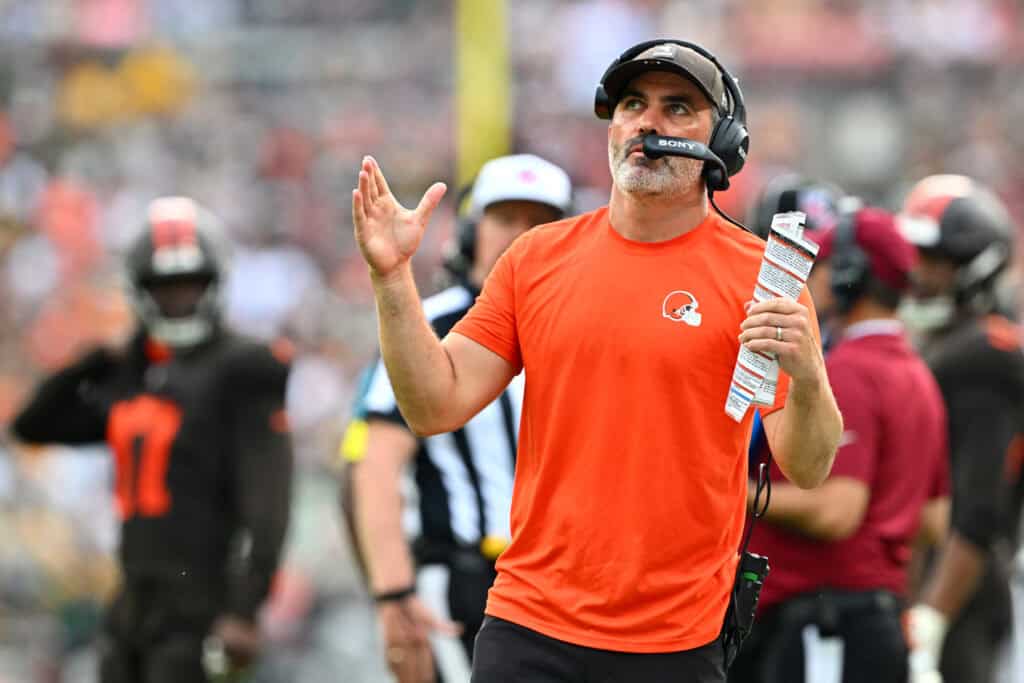 CLEVELAND, OHIO - SEPTEMBER 21: Head coach Kevin Stefanski of the Cleveland Browns reacts during the second half against the Green Bay Packers at Huntington Bank Field on September 21, 2025 in Cleveland, Ohio.