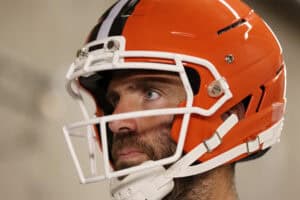 DETROIT, MICHIGAN - SEPTEMBER 28: Joe Flacco #15 of the Cleveland Browns looks on prior to the game against the Detroit Lions at Ford Field on September 28, 2025 in Detroit, Michigan.