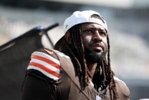 PHILADELPHIA, PENNSYLVANIA - AUGUST 16: Alex Wright #91 of the Cleveland Browns looks on from the bench during the NFL Preseason 2025 game between Cleveland Browns and Philadelphia Eagles at Lincoln Financial Field on August 16, 2025 in Philadelphia, Pennsylvania. The Cleveland Browns defeated the Philadelphia Eagles 22-13.
