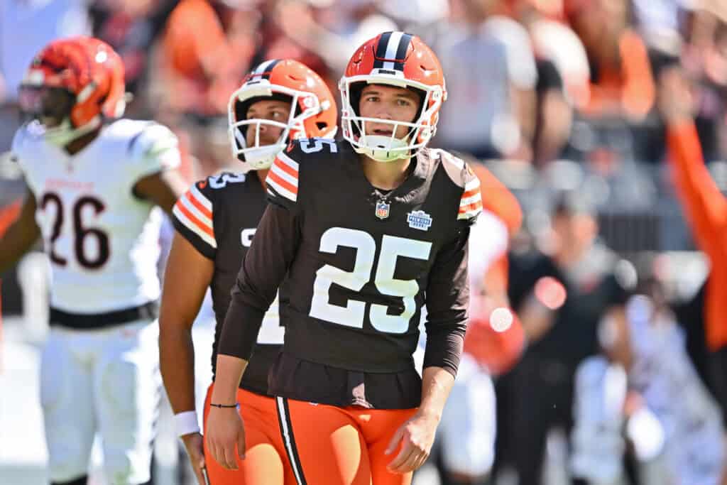 CLEVELAND, OHIO - SEPTEMBER 07: Andre Szmyt #25 of the Cleveland Browns reacts during the fourth quarter against the Cincinnati Bengals during the game at Huntington Bank Field on September 07, 2025 in Cleveland, Ohio.