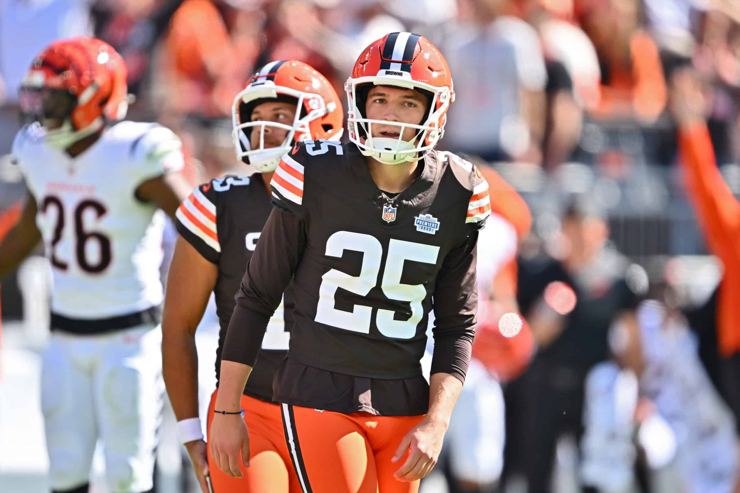 CLEVELAND, OHIO - SEPTEMBER 07: Andre Szmyt #25 of the Cleveland Browns reacts during the fourth quarter against the Cincinnati Bengals during the game at Huntington Bank Field on September 07, 2025 in Cleveland, Ohio.