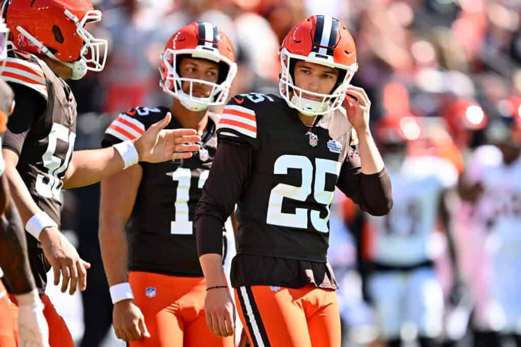 CLEVELAND, OHIO - SEPTEMBER 07: Andre Szmyt #25 of the Cleveland Browns reacts during the fourth quarter against the Cincinnati Bengals during the game at Huntington Bank Field on September 07, 2025 in Cleveland, Ohio.