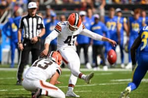 CLEVELAND, OHIO - AUGUST 23: Andre Szmyt #47 of the Cleveland Browns kicks a 37-yard game winning field goal to defeat the Los Angeles Rams 17-16 in an NFL Preseason 2025 game against the Los Angeles Rams at Huntington Bank Field on August 23, 2025 in Cleveland, Ohio.