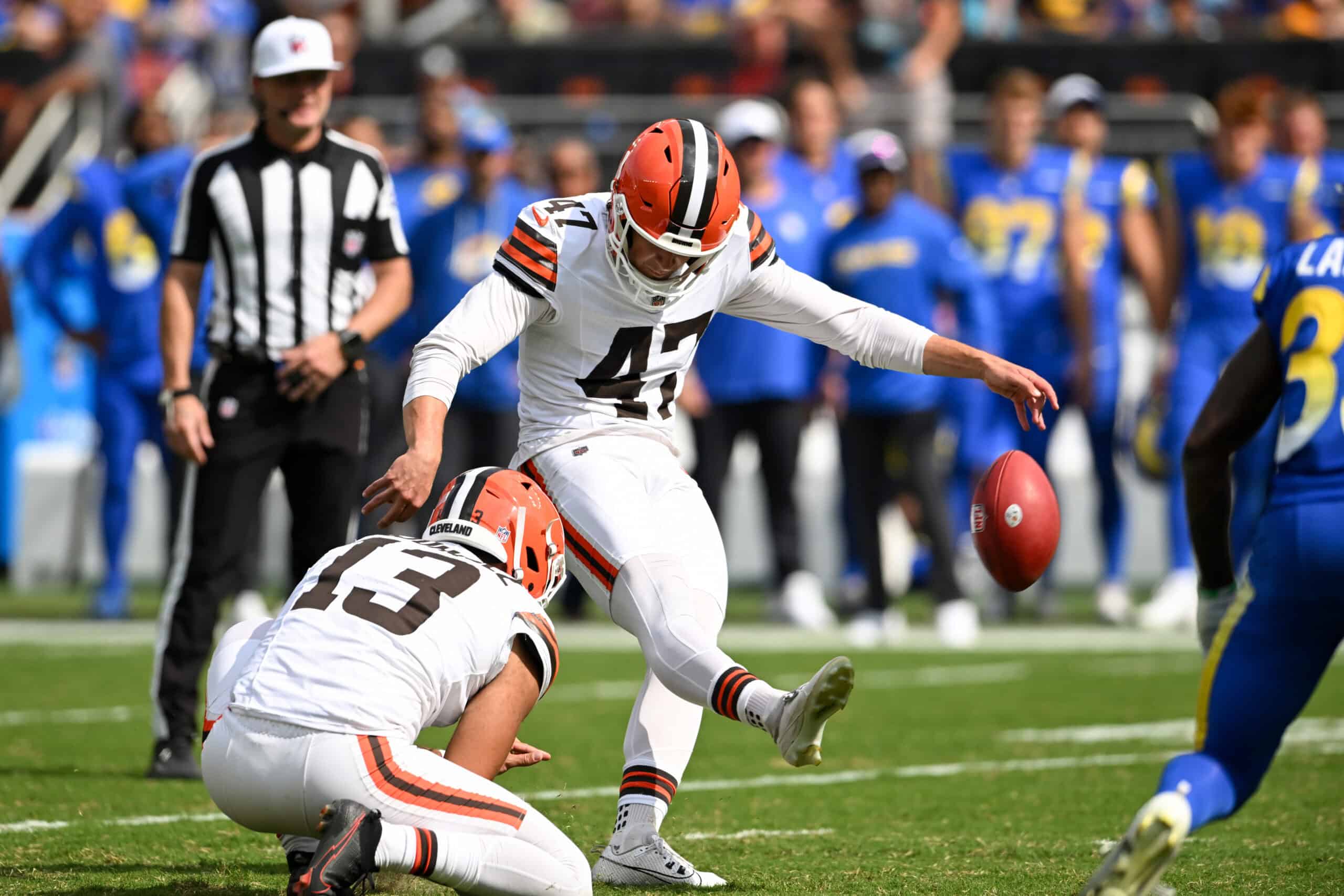 CLEVELAND, OHIO - AUGUST 23: Andre Szmyt #47 of the Cleveland Browns kicks a 37-yard game winning field goal to defeat the Los Angeles Rams 17-16 in an NFL Preseason 2025 game against the Los Angeles Rams at Huntington Bank Field on August 23, 2025 in Cleveland, Ohio.