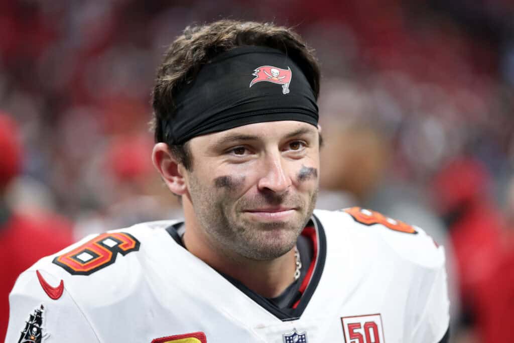 ATLANTA, GEORGIA - SEPTEMBER 07: Baker Mayfield #6 of the Tampa Bay Buccaneers reacts after defeating the Atlanta Falcons during the game at Mercedes-Benz Stadium on September 07, 2025 in Atlanta, Georgia.
