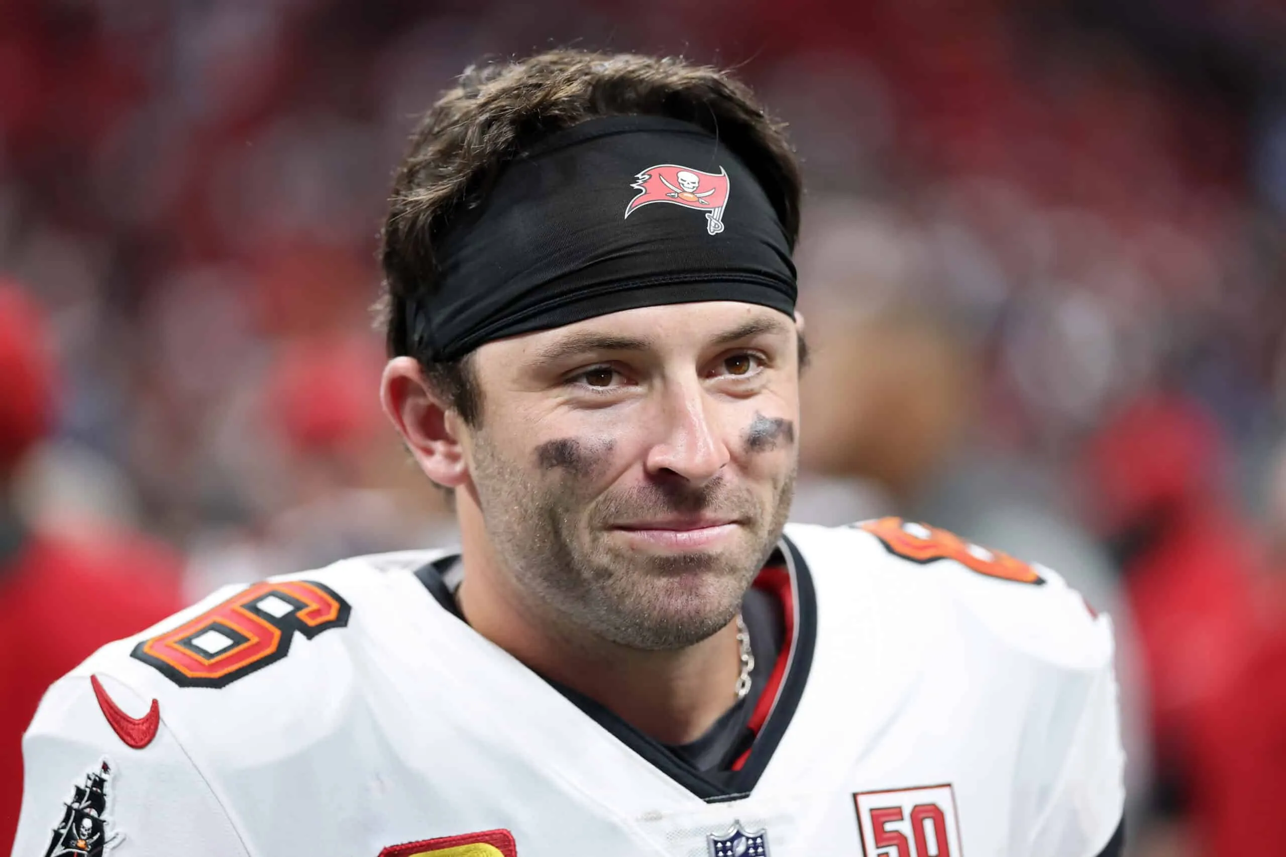 ATLANTA, GEORGIA - SEPTEMBER 07: Baker Mayfield #6 of the Tampa Bay Buccaneers reacts after defeating the Atlanta Falcons during the game at Mercedes-Benz Stadium on September 07, 2025 in Atlanta, Georgia.