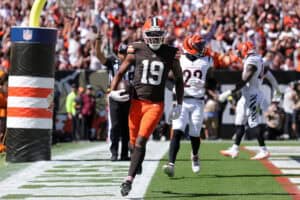CLEVELAND, OHIO - SEPTEMBER 07: Cedric Tillman #19 of the Cleveland Browns celebrates a touchdown during the third quarter against the Cincinnati Bengals during the game at Huntington Bank Field on September 07, 2025 in Cleveland, Ohio.