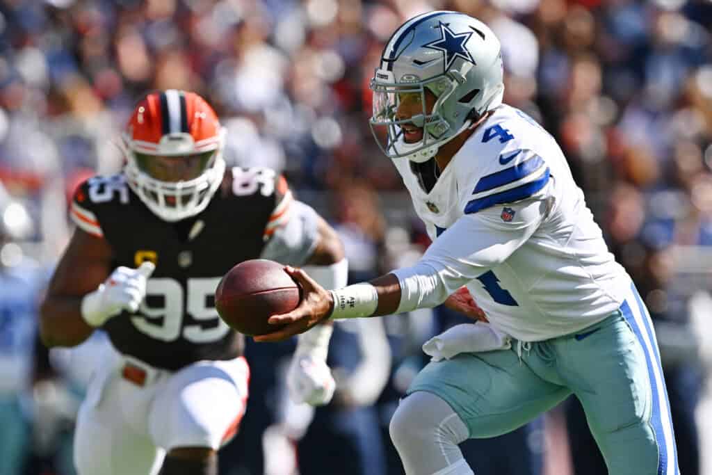 CLEVELAND, OHIO - SEPTEMBER 08: Dak Prescott #4 of the Dallas Cowboys drops back with the ball in the first quarter of the game against the Cleveland Browns at Cleveland Browns Stadium on September 08, 2024 in Cleveland, Ohio.