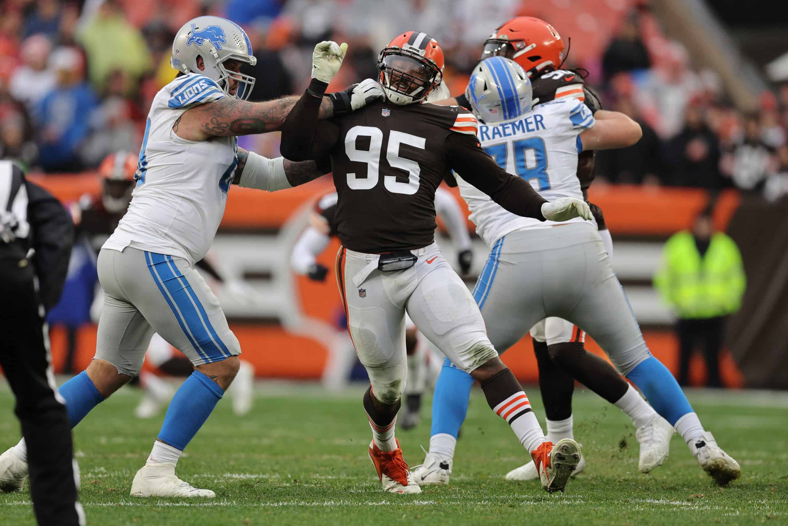 CLEVELAND, OHIO - NOVEMBER 21: Myles Garrett #95 of the Cleveland Browns plays against the Detroit Lions at FirstEnergy Stadium on November 21, 2021 in Cleveland, Ohio.