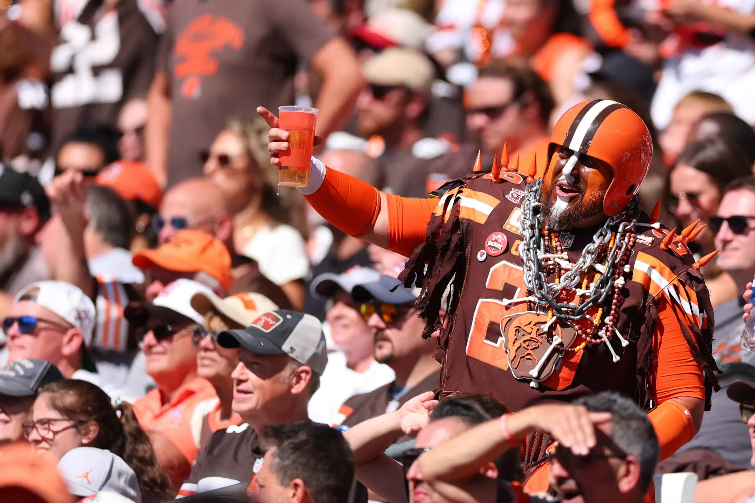 CLEVELAND, OHIO - SEPTEMBER 07: A Cleveland Browns fan while playing the Cincinnati Bengals at Huntington Bank Field on September 07, 2025 in Cleveland, Ohio.