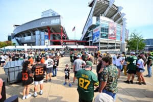CLEVELAND, OHIO - SEPTEMBER 21: Fans arrive at Huntington Bank Field prior to the game between the Cleveland Browns and the Green Bay Packers on September 21, 2025 in Cleveland, Ohio.
