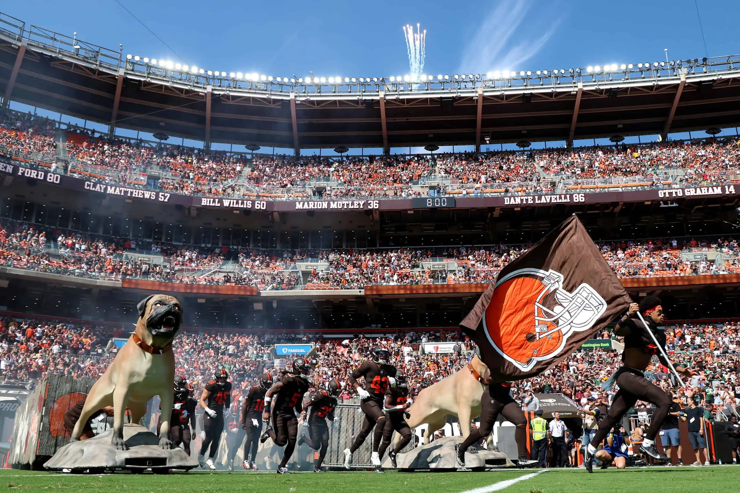 CLEVELAND, OHIO - SEPTEMBER 21: The Cleveland Browns take the field before the game against the Green Bay Packers at Huntington Bank Field on September 21, 2025 in Cleveland, Ohio.