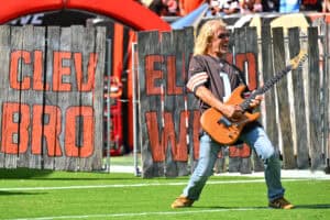 CLEVELAND, OHIO - SEPTEMBER 21: Guitarist Billy Morris performs during halftime of the game between the Green Bay Packers and the Cleveland Browns at Huntington Bank Field on September 21, 2025 in Cleveland, Ohio.