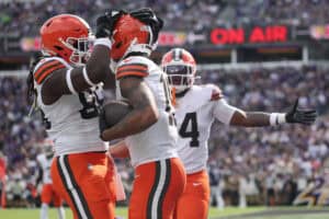 BALTIMORE, MARYLAND - SEPTEMBER 14: Cedric Tillman #19 celebrates a touchdown with David Njoku #85 of the Cleveland Browns during the second half against the Baltimore Ravens at M&T Bank Stadium on September 14, 2025 in Baltimore, Maryland.