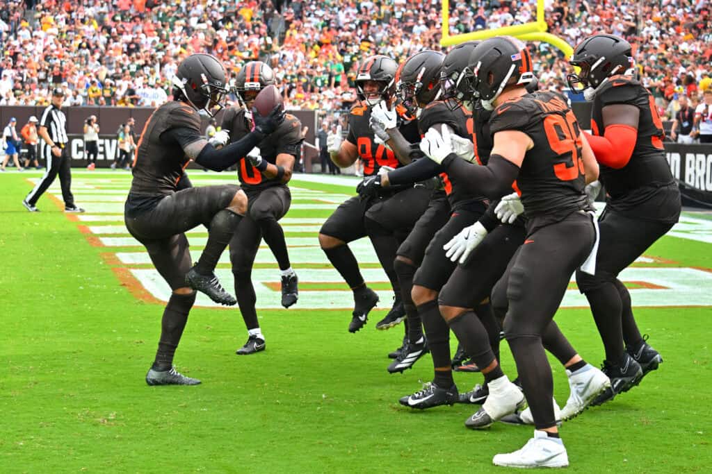 CLEVELAND, OHIO - SEPTEMBER 21: Grant Delpit #9 of the Cleveland Browns celebrates with teammates after an interception against the Green Bay Packers during the fourth quarter at Huntington Bank Field on September 21, 2025 in Cleveland, Ohio.