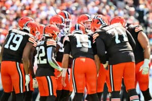 CLEVELAND, OHIO - SEPTEMBER 07: The Cleveland Browns huddle against the Cincinnati Bengals during the game at Huntington Bank Field on September 07, 2025 in Cleveland, Ohio.