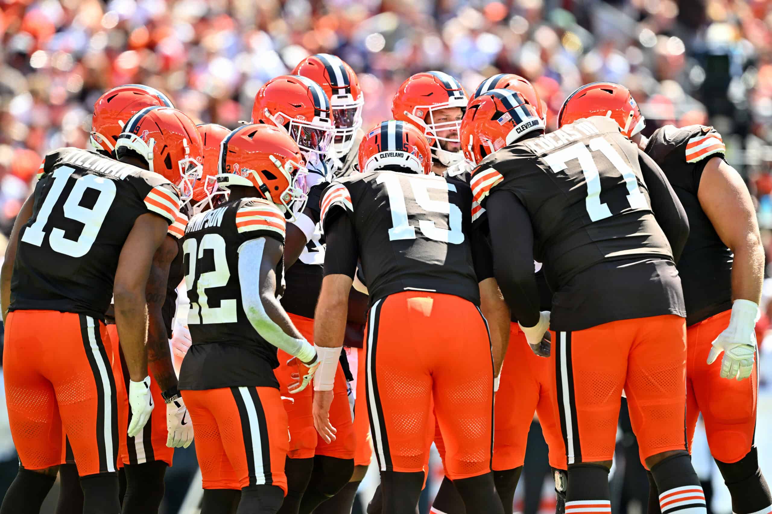 CLEVELAND, OHIO - SEPTEMBER 07: The Cleveland Browns huddle against the Cincinnati Bengals during the game at Huntington Bank Field on September 07, 2025 in Cleveland, Ohio.