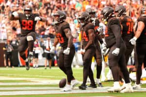 CLEVELAND, OHIO - SEPTEMBER 21: Quinshon Judkins #10 of the Cleveland Browns celebrates with teammates after scoring a touchdown against the Green Bay Packers during the fourth quarter at Huntington Bank Field on September 21, 2025 in Cleveland, Ohio.