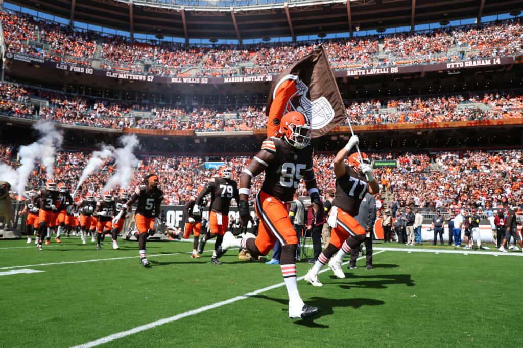 CLEVELAND, OHIO - SEPTEMBER 07: The Cleveland Browns take the field to play the Cincinnati Bengals at Huntington Bank Field on September 07, 2025 in Cleveland, Ohio.