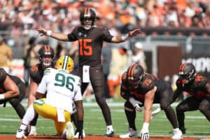 CLEVELAND, OHIO - SEPTEMBER 21: Joe Flacco #15 of the Cleveland Browns plays against the Green Bay Packers at Huntington Bank Field on September 21, 2025 in Cleveland, Ohio.