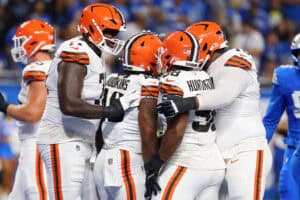 DETROIT, MICHIGAN - SEPTEMBER 28: Quinshon Judkins #10 of the Cleveland Browns celebrates a touchdown with teammates during the first quarter against the Detroit Lions at Ford Field on September 28, 2025 in Detroit, Michigan.