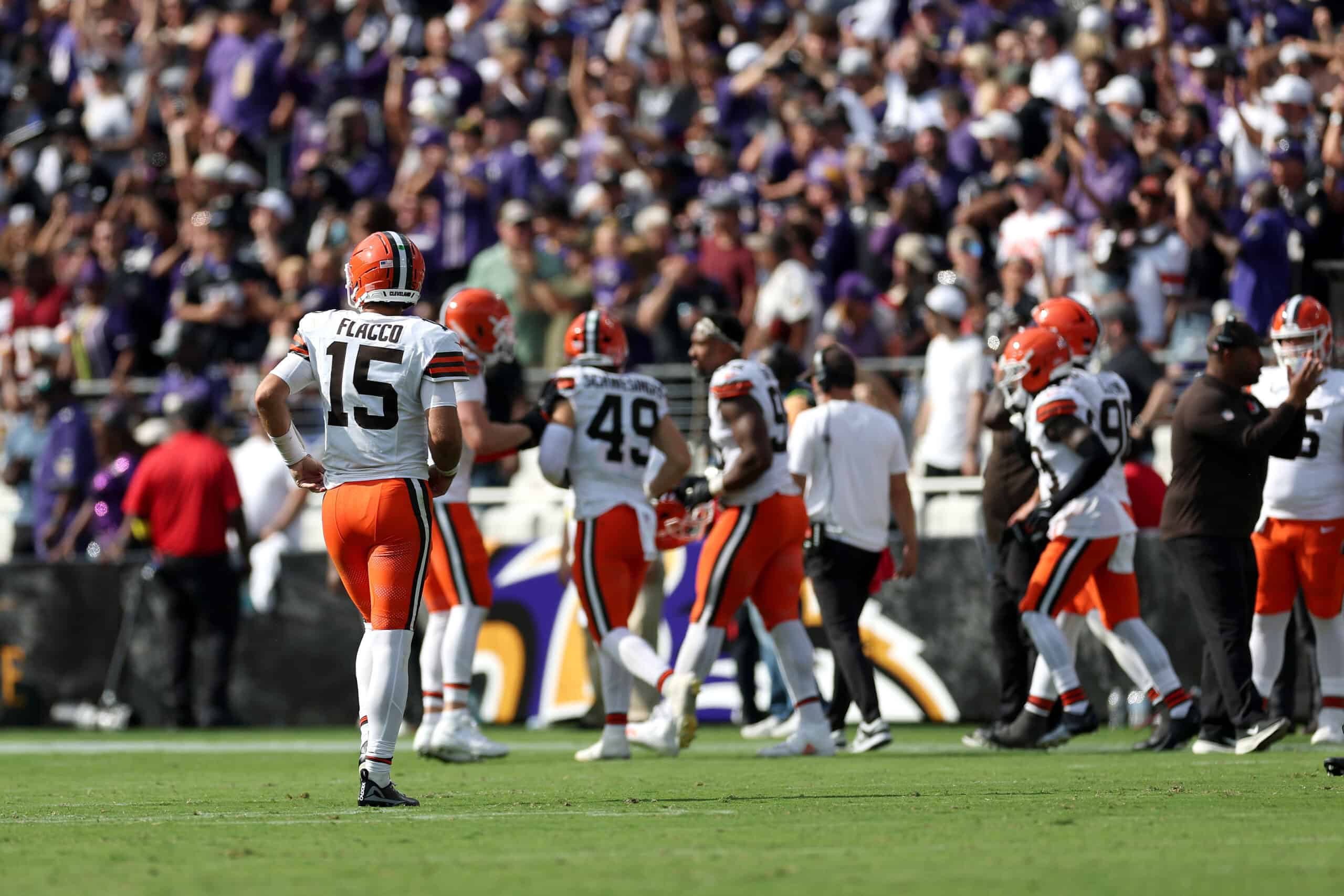 BALTIMORE, MARYLAND - SEPTEMBER 14: Quarterback Joe Flacco #15 of the Cleveland Browns walks to the sidelines after fumbling the ball for a fourth quarter touchdown against the Baltimore Ravens at M&T Bank Stadium on September 14, 2025 in Baltimore, Maryland.