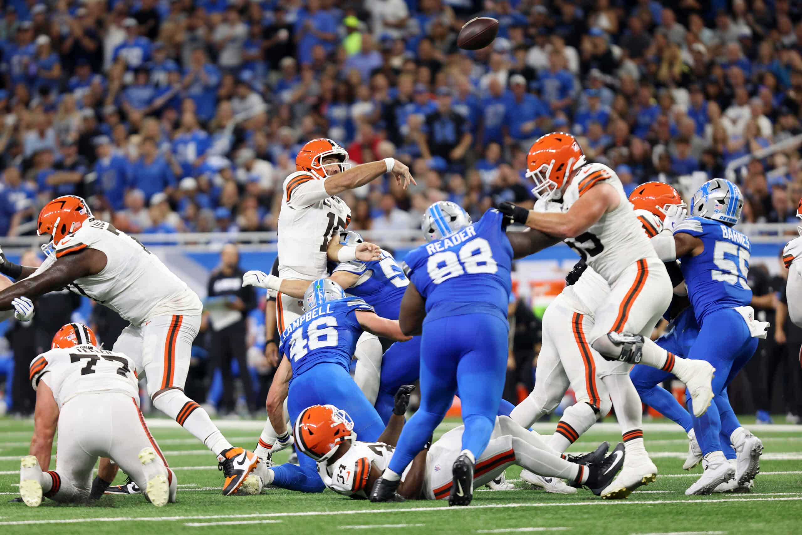 DETROIT, MICHIGAN - SEPTEMBER 28: Joe Flacco #15 of the Cleveland Browns throws a pass during the third quarter against the Detroit Lions at Ford Field on September 28, 2025 in Detroit, Michigan.