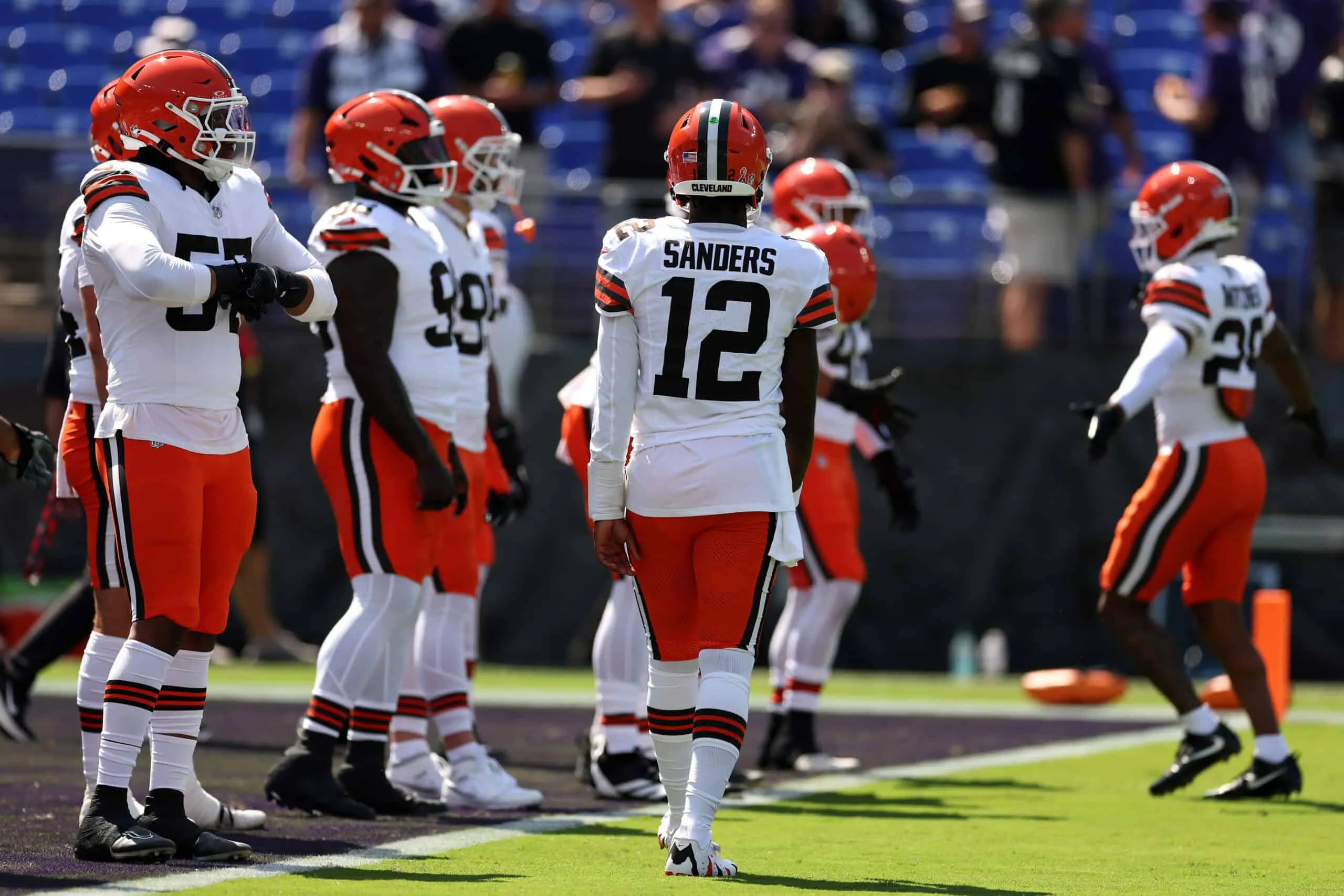 BALTIMORE, MARYLAND - SEPTEMBER 14: Quarterback Shedeur Sanders #12 of the Cleveland Browns looks on during the Browns and Baltimore Ravens game at M&T Bank Stadium on September 14, 2025 in Baltimore, Maryland.