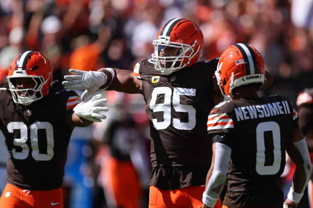 CLEVELAND, OHIO - SEPTEMBER 07: Myles Garrett #95 of the Cleveland Browns plays against the Cincinnati Bengals at Huntington Bank Field on September 07, 2025 in Cleveland, Ohio.