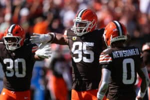 CLEVELAND, OHIO - SEPTEMBER 07: Myles Garrett #95 of the Cleveland Browns plays against the Cincinnati Bengals at Huntington Bank Field on September 07, 2025 in Cleveland, Ohio.