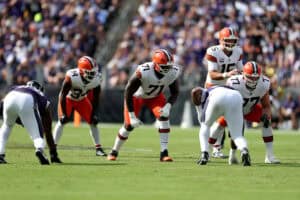 BALTIMORE, MARYLAND - SEPTEMBER 14: Offensive tackle Cornelius Lucas #71 of the Cleveland Browns lines up against the Baltimore Ravens at M&T Bank Stadium on September 14, 2025 in Baltimore, Maryland.