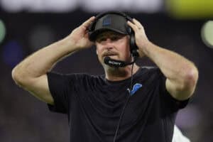 BALTIMORE, MARYLAND - SEPTEMBER 22: Head coach Dan Campbell of the Detroit Lions reacts against the Baltimore Ravens during the second quarter at M&T Bank Stadium on September 22, 2025 in Baltimore, Maryland.