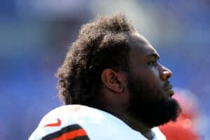 BALTIMORE, MARYLAND - SEPTEMBER 14: Offensive tackle Dawand Jones #79 of the Cleveland Browns looks on before the start of the Browns and Baltimore Ravens game at M&T Bank Stadium on September 14, 2025 in Baltimore, Maryland.