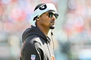 CLEVELAND, OHIO - SEPTEMBER 07: Deshaun Watson #4 of the Cleveland Browns looks on during the second quarter against the Cincinnati Bengals during the game at Huntington Bank Field on September 07, 2025 in Cleveland, Ohio.
