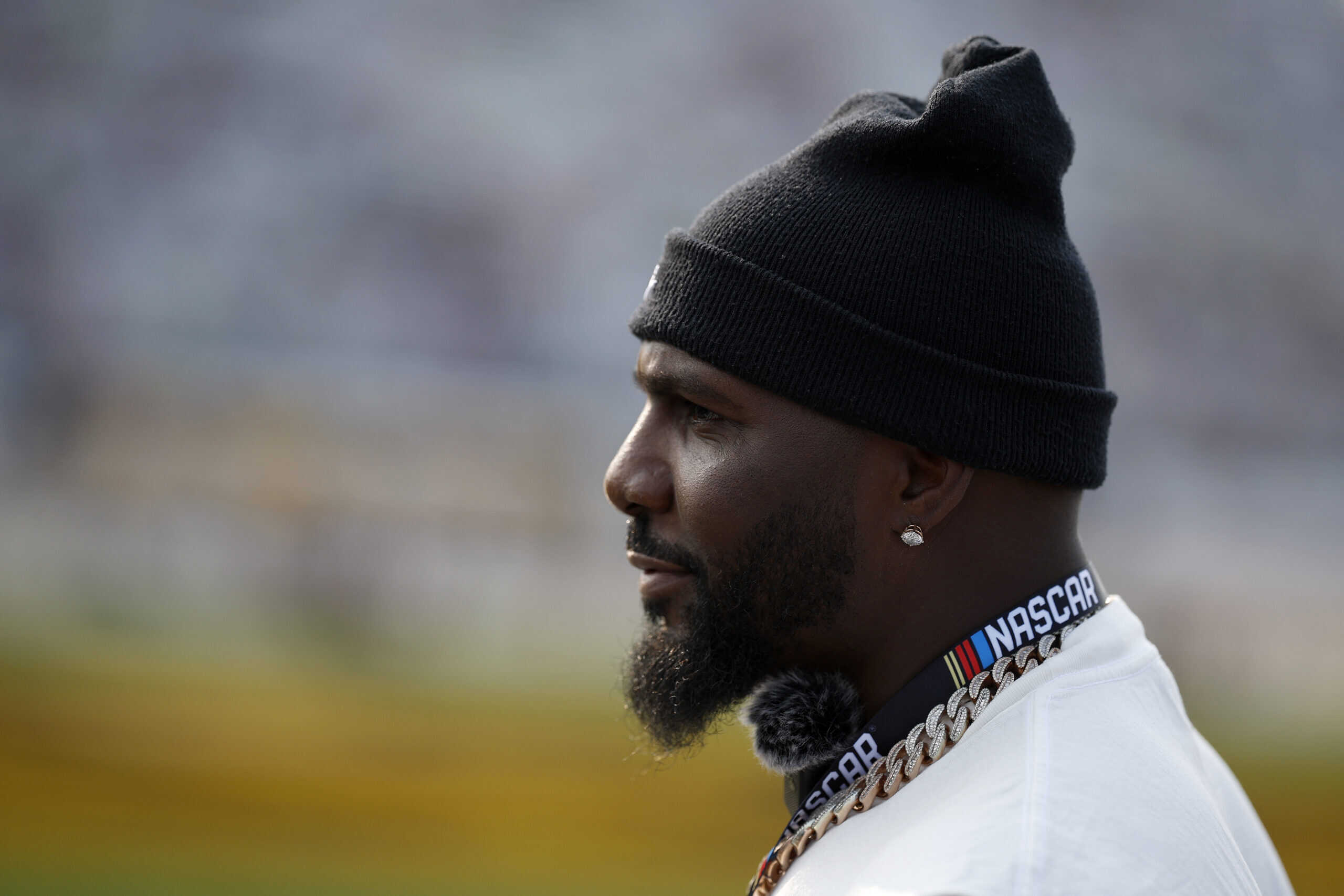 LEBANON, TENNESSEE - JUNE 01: Former NFL player, Dez Bryant attends pre-race ceremonies prior to the NASCAR Cup Series Cracker Barrel 400 at Nashville Superspeedway on June 01, 2025 in Lebanon, Tennessee.