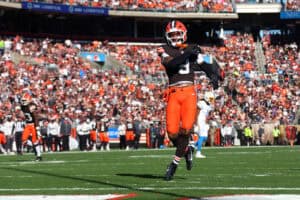 CLEVELAND, OHIO - NOVEMBER 03: Grant Delpit #9 of the Cleveland Browns reacts after a tackle for loss in the second quarter of a game against the Los Angeles Chargers at Huntington Bank Field on November 03, 2024 in Cleveland, Ohio.