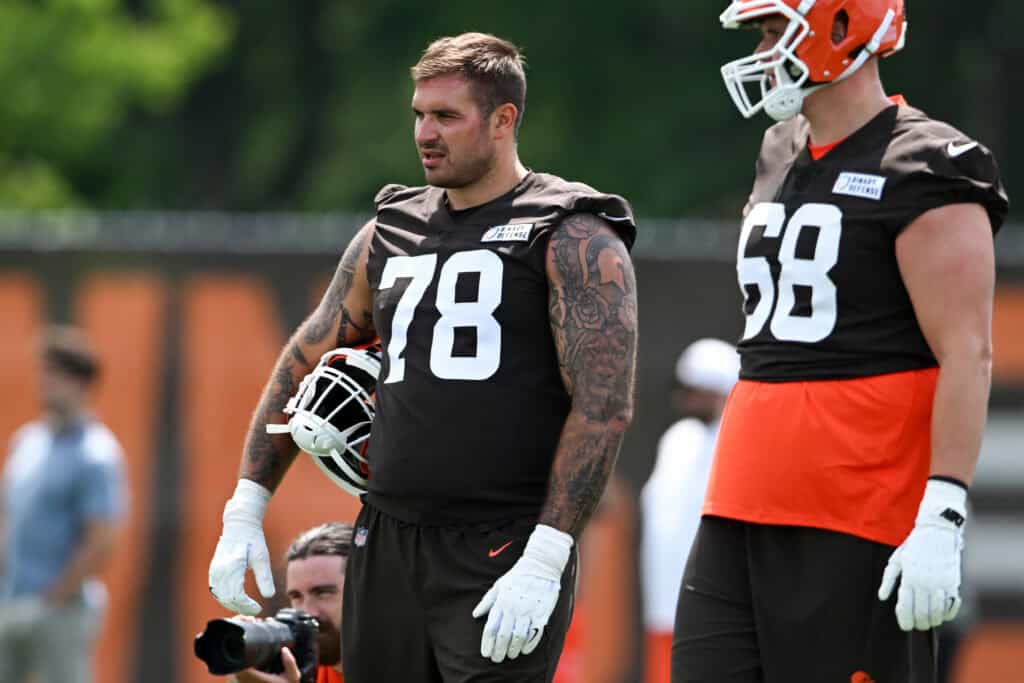BEREA, OHIO - JUNE 10: Jack Conklin #78 of the Cleveland Browns looks on during Cleveland Browns mandatory minicamp at CrossCountry Mortgage Campus on June 10, 2025 in Berea, Ohio.