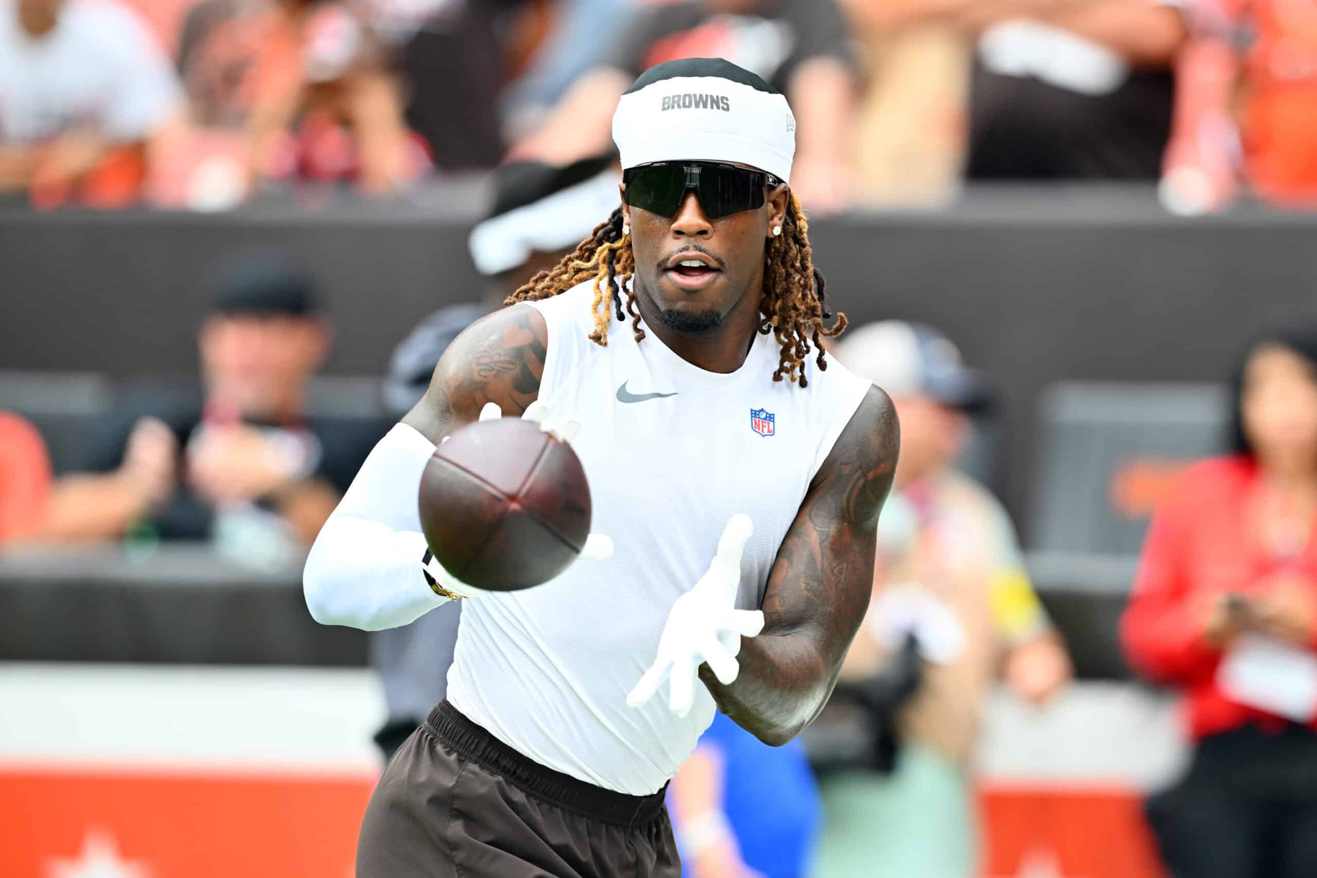 CLEVELAND, OHIO - AUGUST 23: Wide receiver Jerry Jeudy #3 of the Cleveland Browns warms up before a NFL Preseason 2025 game between Los Angeles Rams and Cleveland Browns at Huntington Bank Field on August 23, 2025 in Cleveland, Ohio.