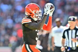 CLEVELAND, OHIO - SEPTEMBER 07: Jerry Jeudy #3 of the Cleveland Browns makes a catch during the fourth quarter against the Cincinnati Bengals during the game at Huntington Bank Field on September 07, 2025 in Cleveland, Ohio.
