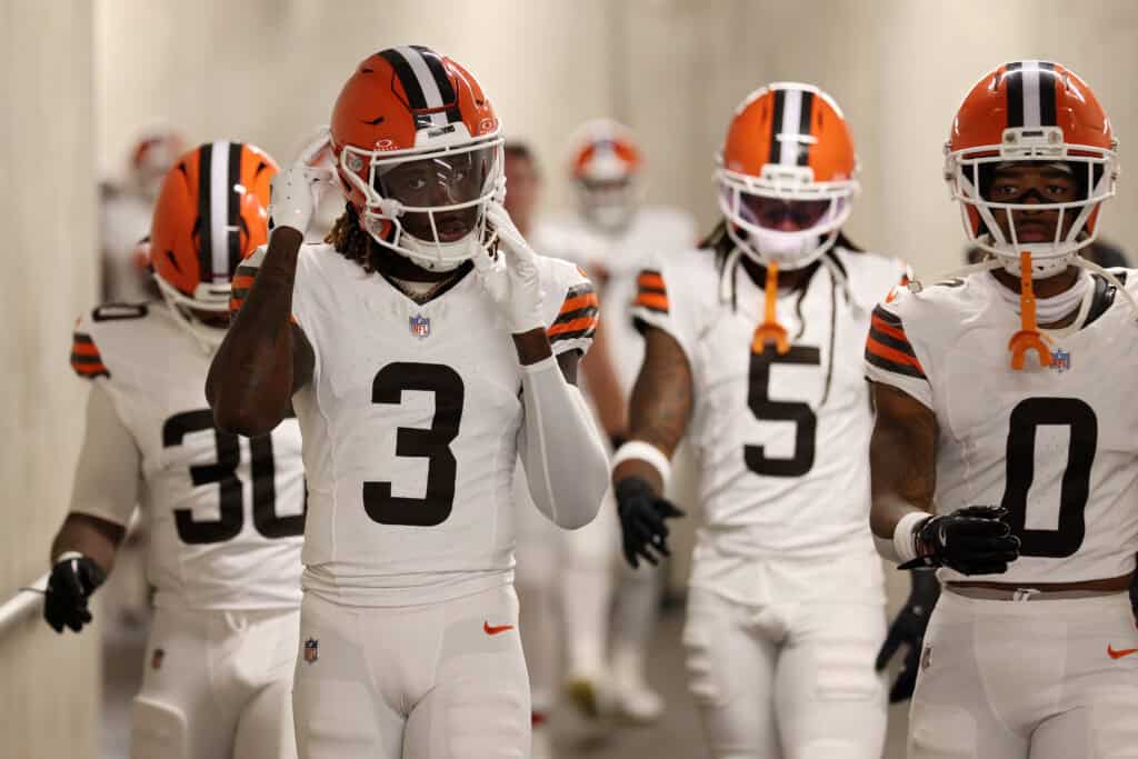 DETROIT, MICHIGAN - SEPTEMBER 28: Jerry Jeudy #3 and Greg Newsome II of the Cleveland Browns walk through the tunnel prior to the game against the Detroit Lions at Ford Field on September 28, 2025 in Detroit, Michigan.
