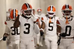 DETROIT, MICHIGAN - SEPTEMBER 28: Jerry Jeudy #3 and Greg Newsome II of the Cleveland Browns walk through the tunnel prior to the game against the Detroit Lions at Ford Field on September 28, 2025 in Detroit, Michigan.