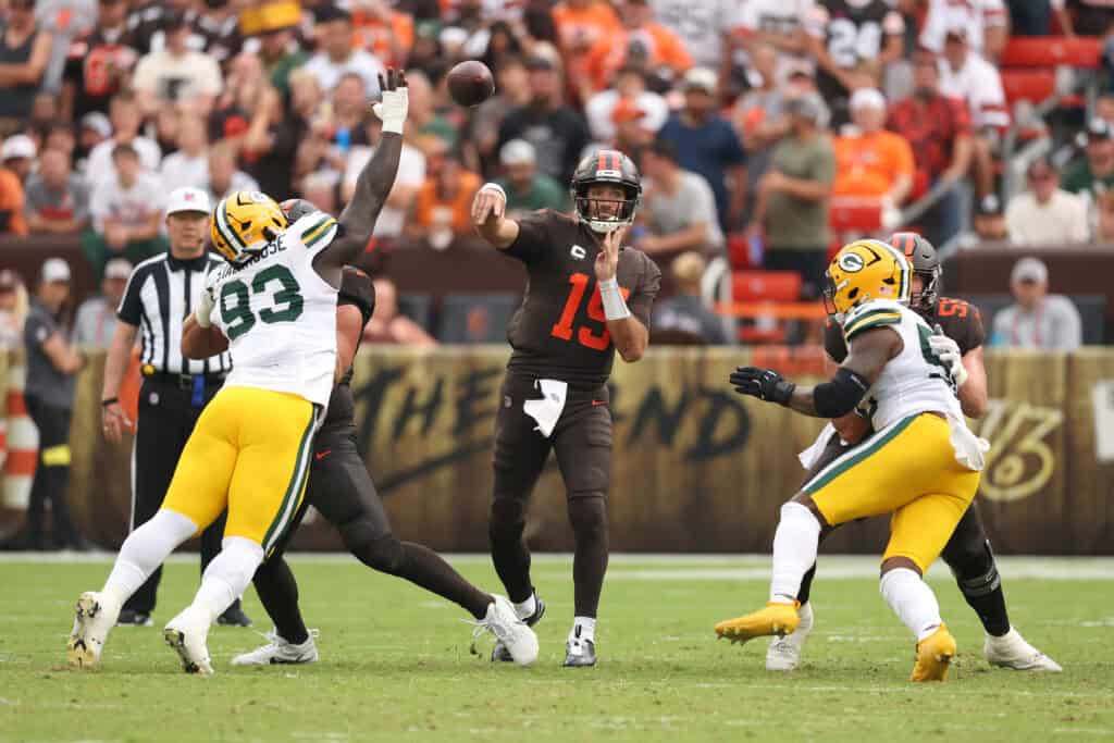 CLEVELAND, OHIO - SEPTEMBER 21: Joe Flacco #15 of the Cleveland Browns plays against the Green Bay Packers at Huntington Bank Field on September 21, 2025 in Cleveland, Ohio.