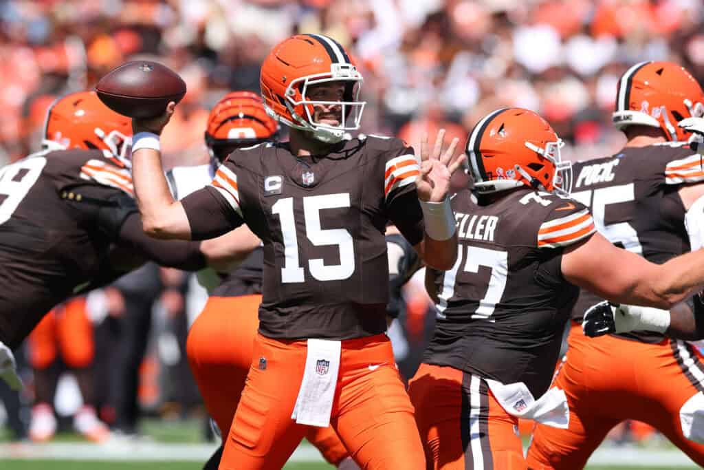 CLEVELAND, OHIO - SEPTEMBER 07: Joe Flacco #15 of the Cleveland Browns plays against the Cincinnati Bengals at Huntington Bank Field on September 07, 2025 in Cleveland, Ohio.