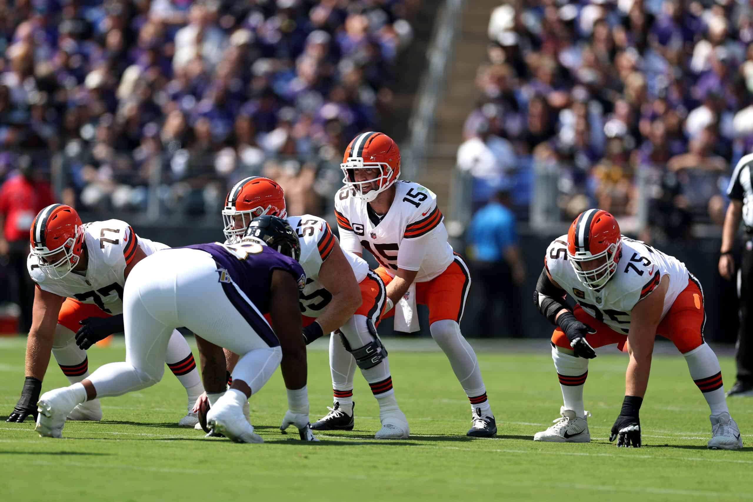 BALTIMORE, MARYLAND - SEPTEMBER 14: Quarterback Joe Flacco #15 of the Cleveland Browns lines up under center against the Baltimore Ravens at M&T Bank Stadium on September 14, 2025 in Baltimore, Maryland.