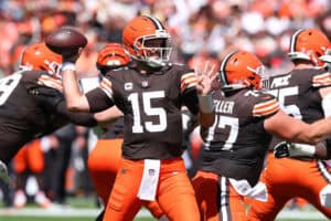 CLEVELAND, OHIO - SEPTEMBER 07: Joe Flacco #15 of the Cleveland Browns plays against the Cincinnati Bengals at Huntington Bank Field on September 07, 2025 in Cleveland, Ohio.