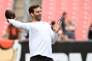 CLEVELAND, OHIO - AUGUST 23: Joe Flacco #15 of the Cleveland Browns warms up prior to an NFL Preseason 2025 game against the Los Angeles Rams at Huntington Bank Field on August 23, 2025 in Cleveland, Ohio.