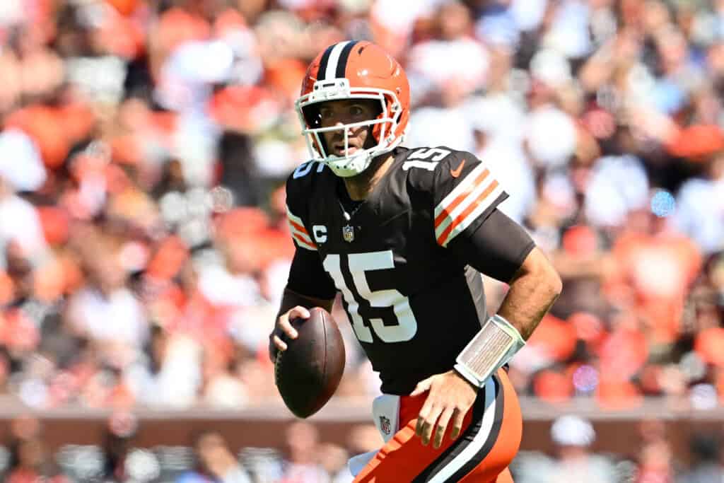CLEVELAND, OHIO - SEPTEMBER 07: Joe Flacco #15 of the Cleveland Browns looks to pass during the second quarter against the Cincinnati Bengals during the game at Huntington Bank Field on September 07, 2025 in Cleveland, Ohio.