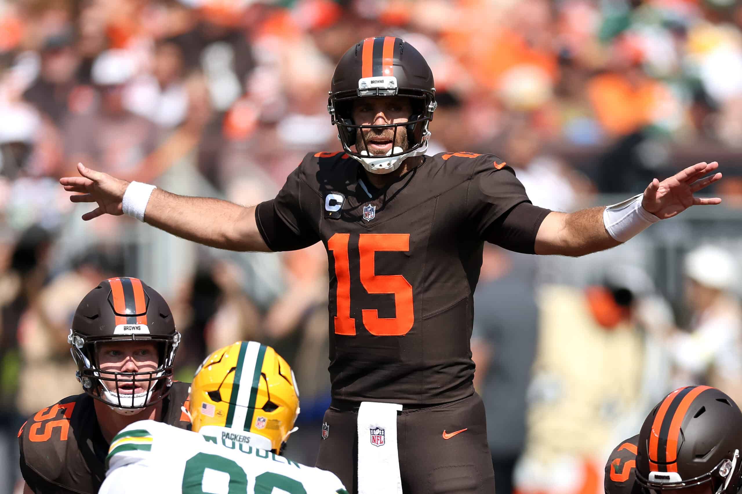 CLEVELAND, OHIO - SEPTEMBER 21: Joe Flacco #15 of the Cleveland Browns calls a play during the second quarter against the Green Bay Packers at Huntington Bank Field on September 21, 2025 in Cleveland, Ohio.